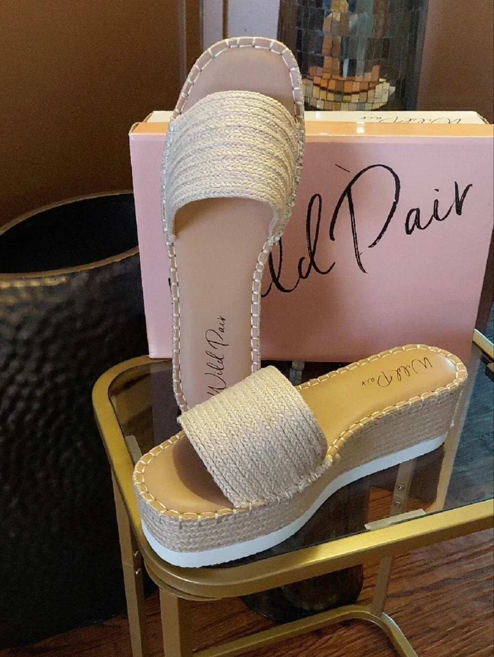 Wild Pair Beige Woven Platform Slide Sandals